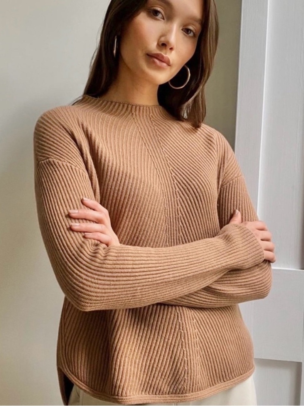 Babaton Aritzia Chalmers Sweater Ribbed Mock Neck Pullover Taupe Wool Linen Sz S